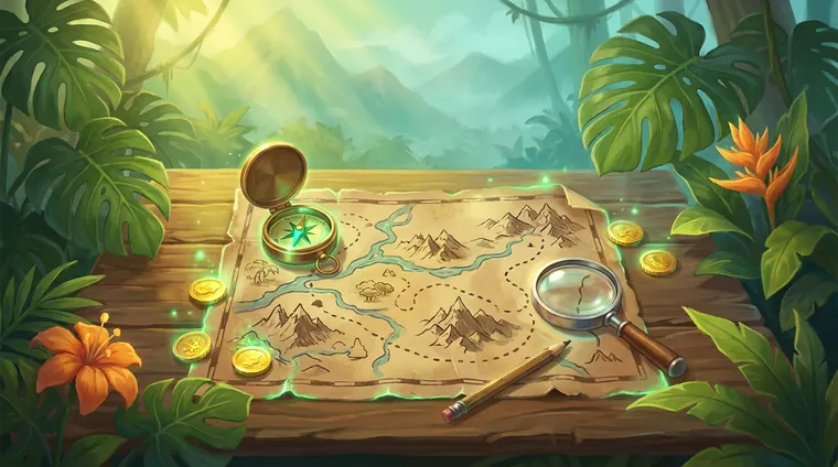 Mapa wyprawy PlayiO z kompasem i lupą